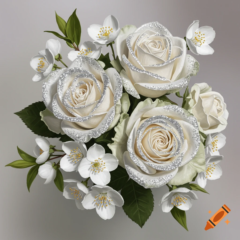 A white rose and jasmine bouquet with silver glitter.