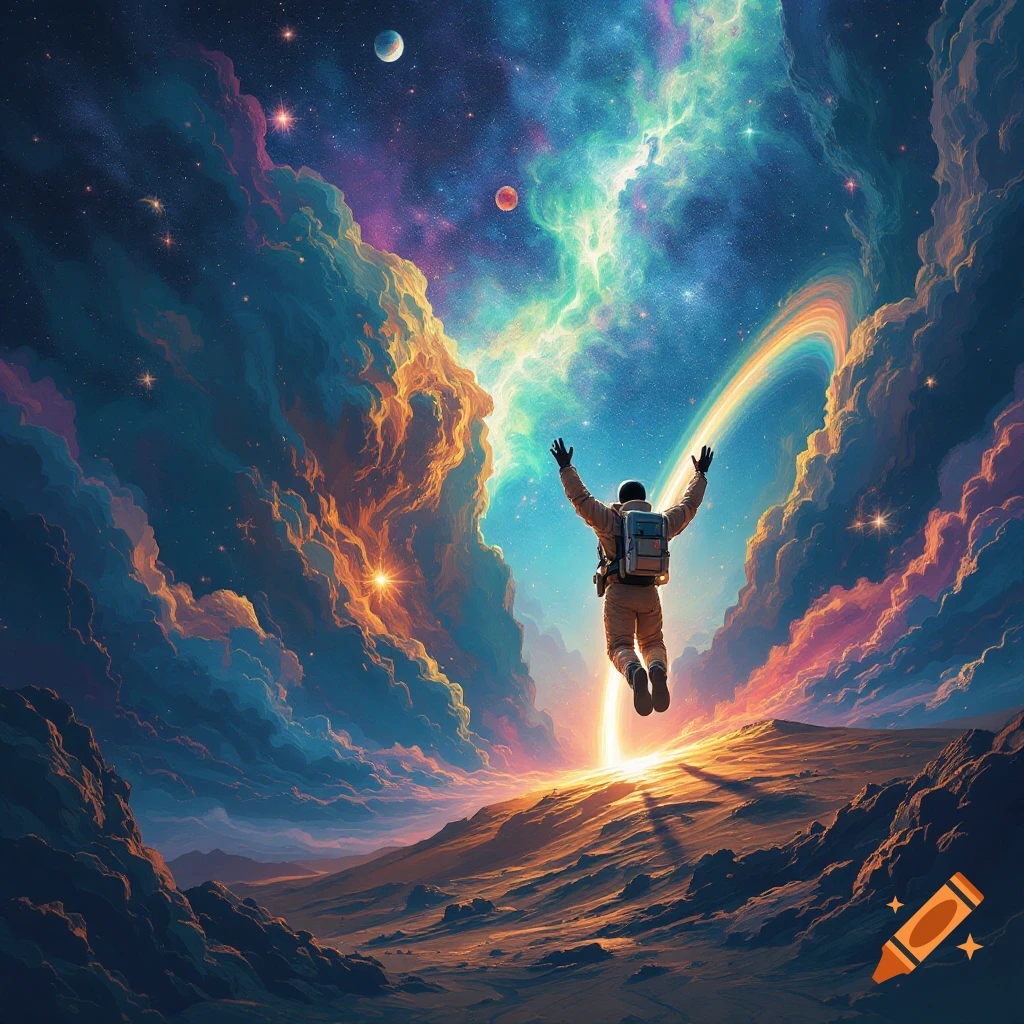 An astronaut floats above a rocky alien landscape, arms raised towards a colorful nebula and stars in a vibrant space sky. Digital art.