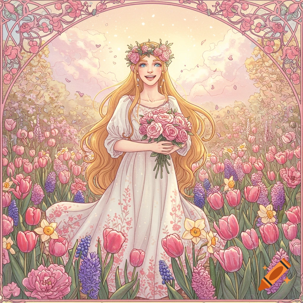 A young woman with long blonde hair and a flower crown is holding a bouquet of pink roses in a field of colorful flowers, framed by an ornate art nouveau border.