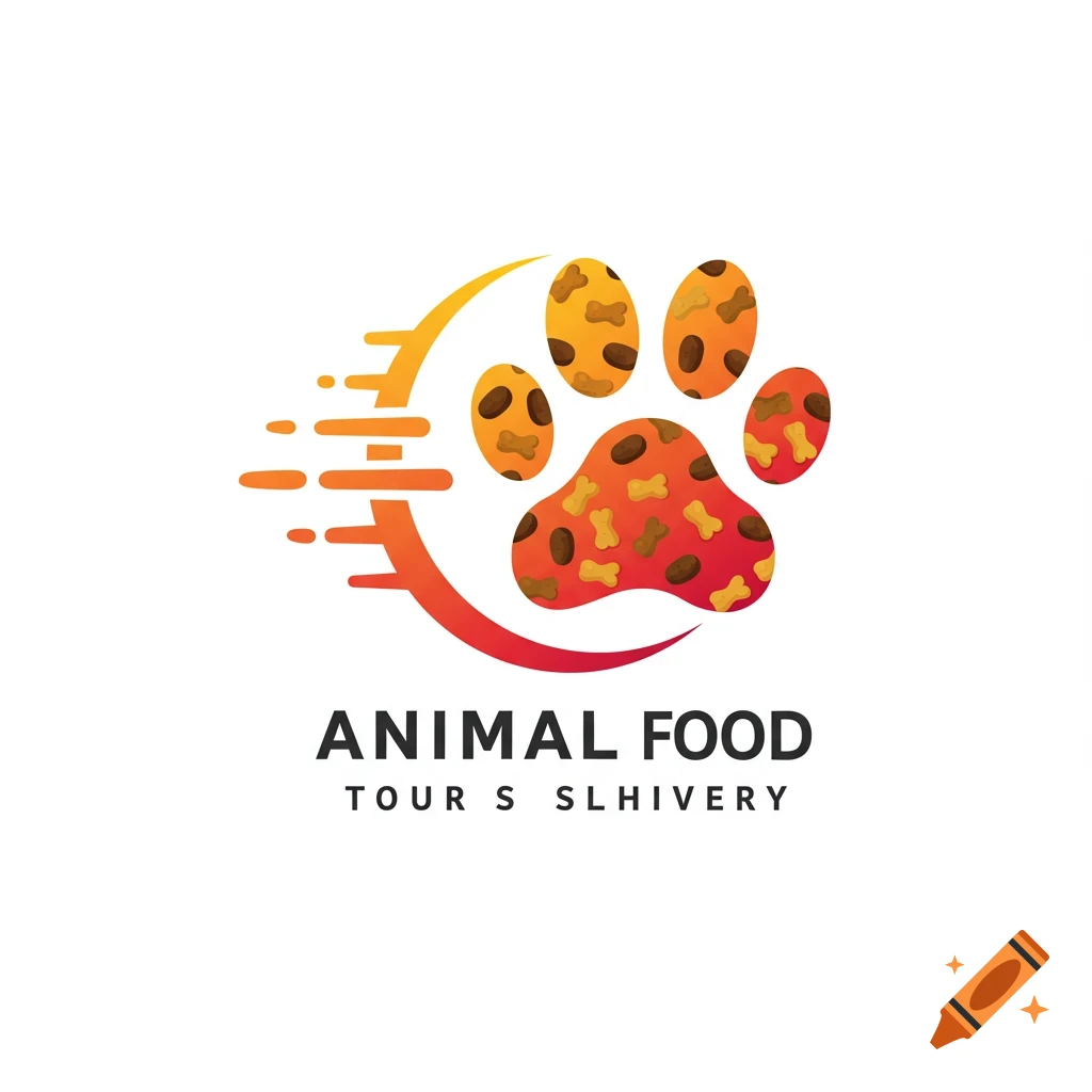 Logo featuring a paw print with bone treats, an orange swoosh, and the text ANIMAL FOOD.