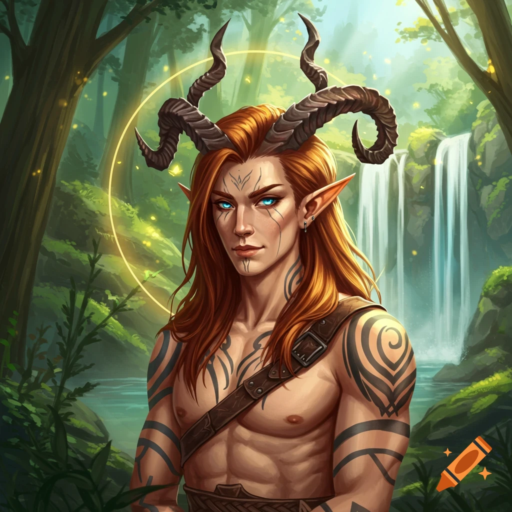 A fantasy elf character with horns is in a forest with a waterfall.