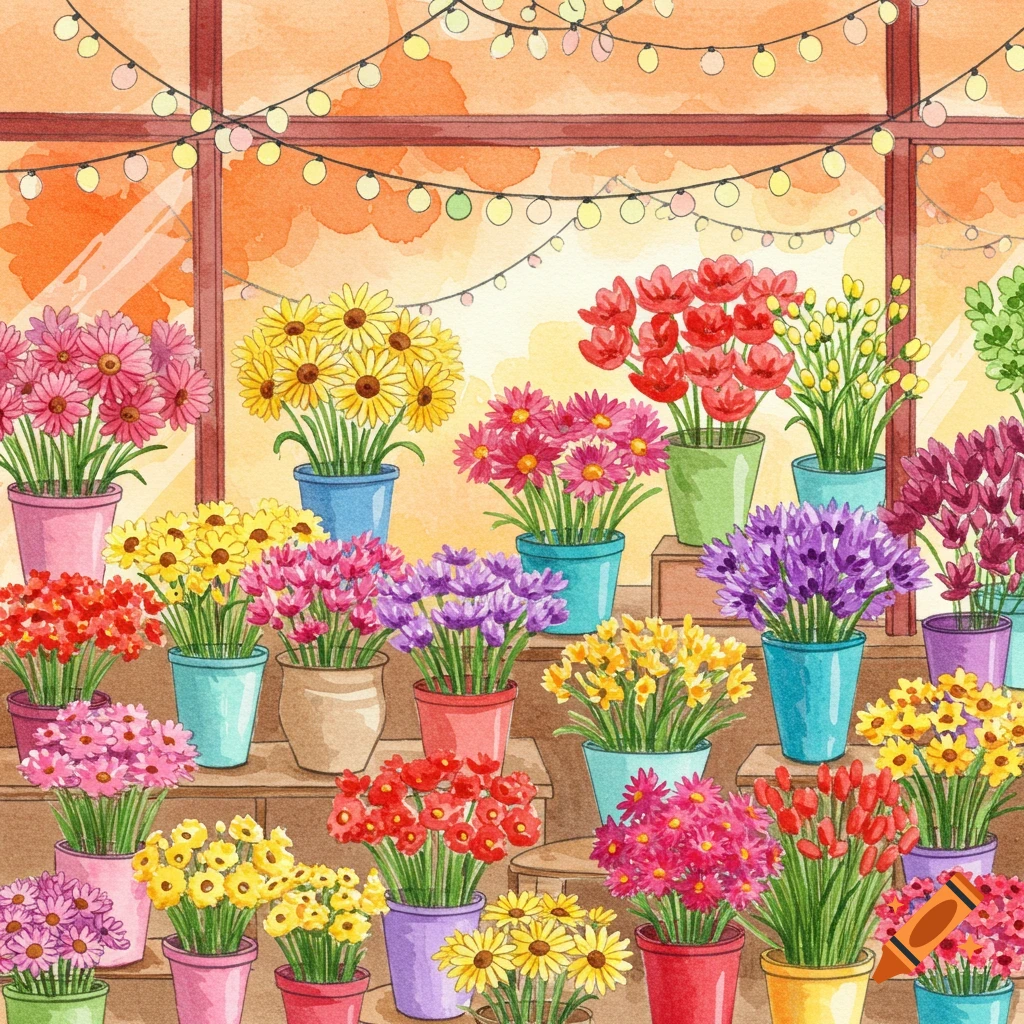 A whimsical watercolor illustration of a flower shop window filled with various potted flowers in vibrant colors and string lights.