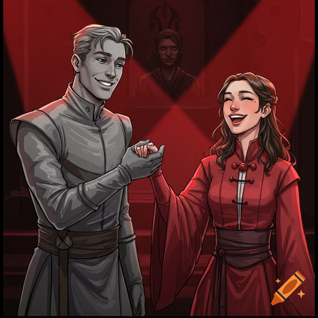 Illustration of two people holding hands and laughing on a stage