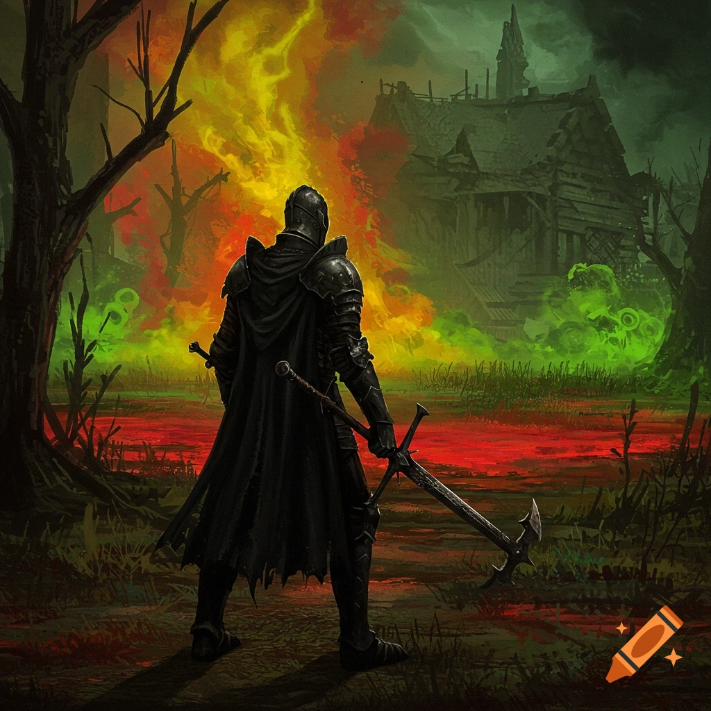 A knight in black armor is in a red bog, looking towards a ruined building with colorful mist.