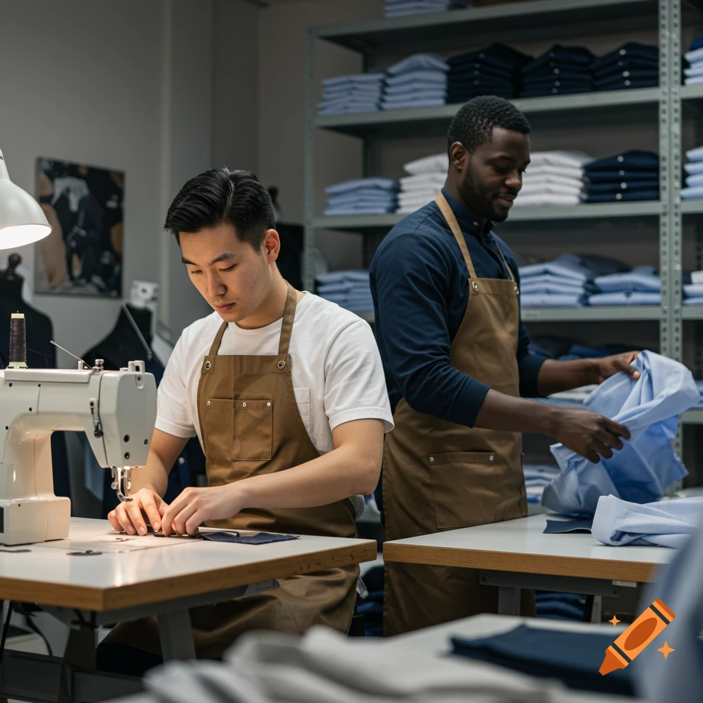 Two men in aprons work in a clothing workshop, one sewing and the other arranging shirts.
