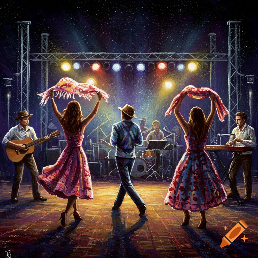 Acrylic painting of a band performing on stage with dancers.