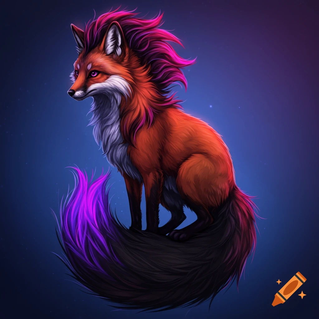 A stylized image of a fox with pink and purple hair and tail against a starry blue background.