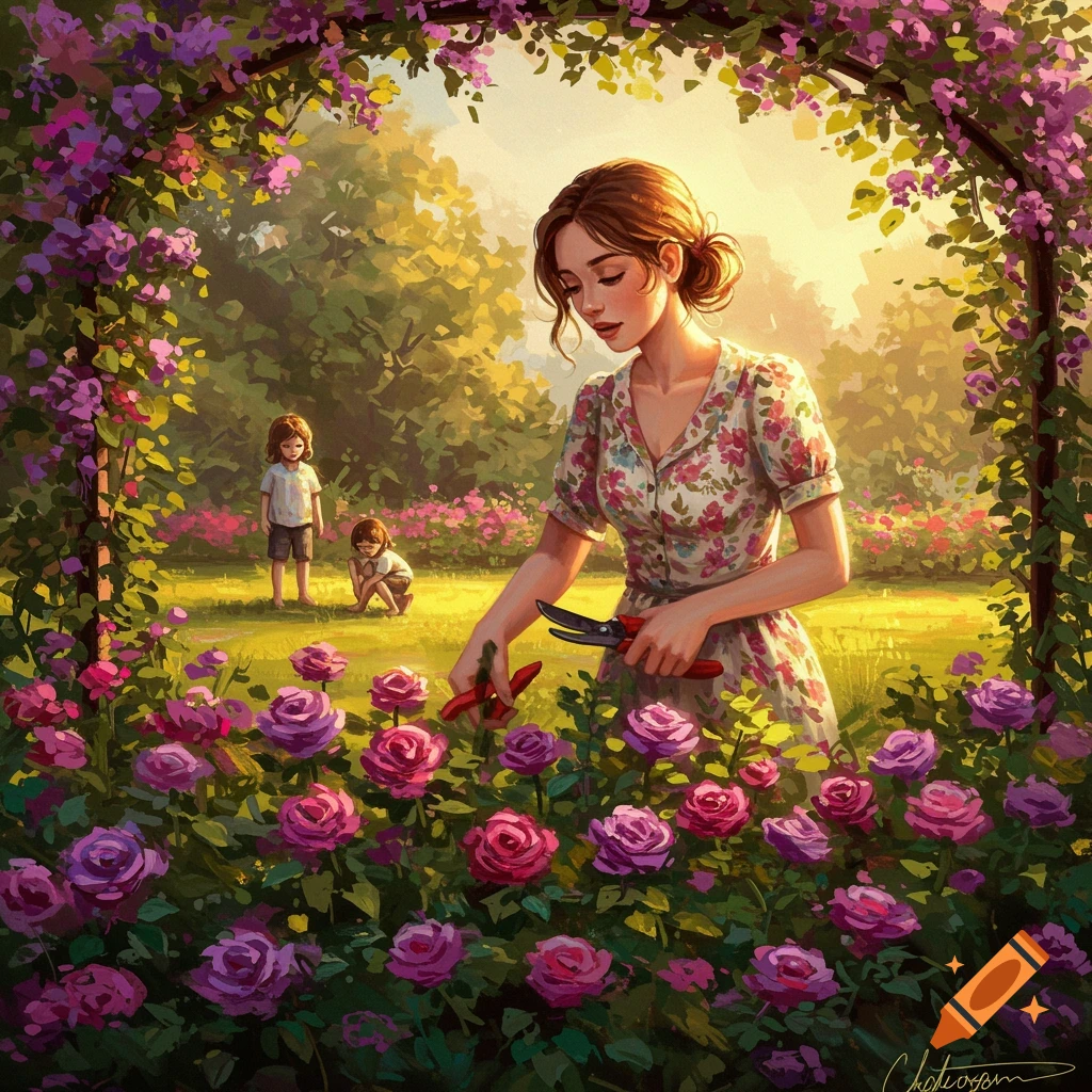 A painterly image of a woman pruning roses in a vibrant garden while children play in the background.