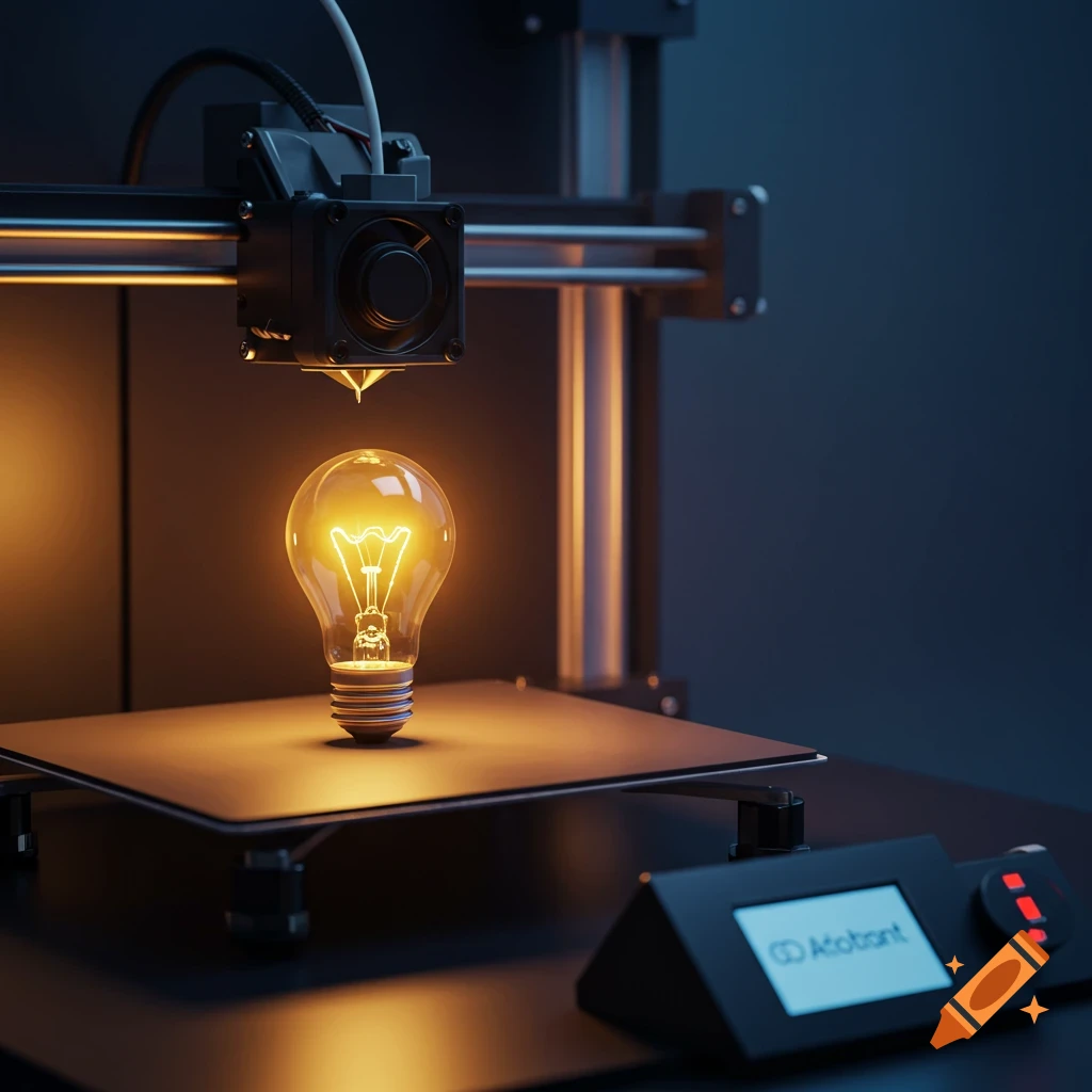 Photorealistic image of a 3D printer printing a glowing lightbulb
