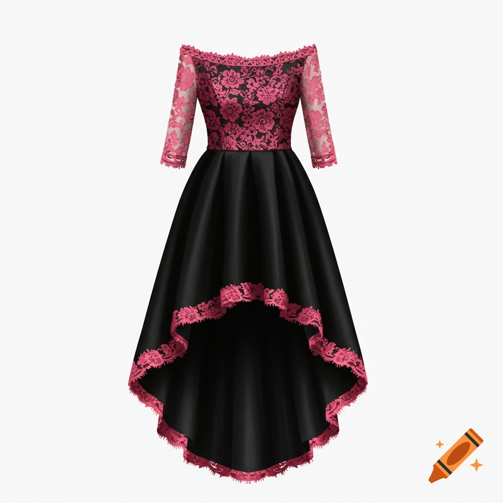 A black high-low dress with a pink lace off-shoulder top and sleeves and pink lace trim on the skirt.