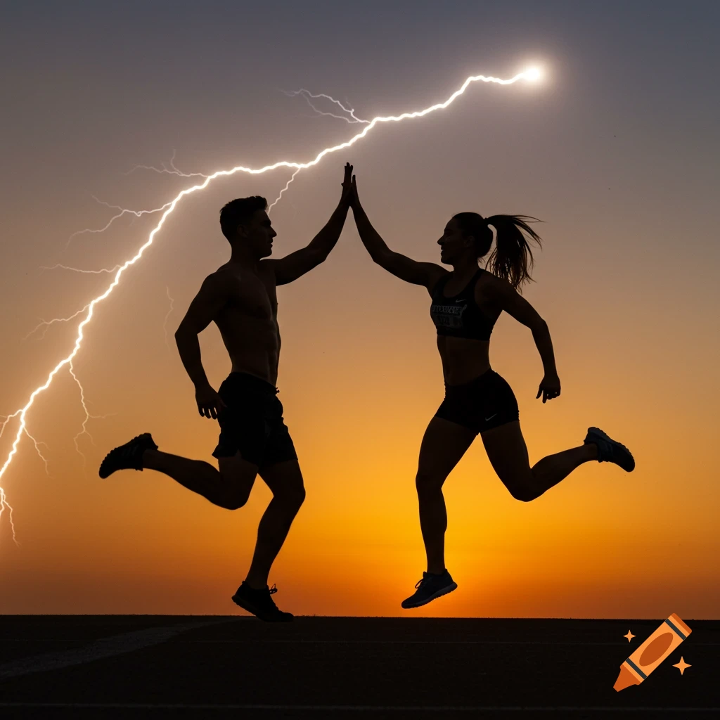 Silhouettes of two runners high-fiving under a lightning strike at sunset.