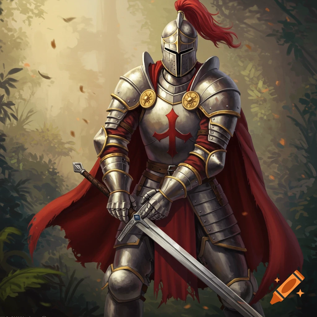 A knight in full plate armor and red cape stands in a forest holding a sword.