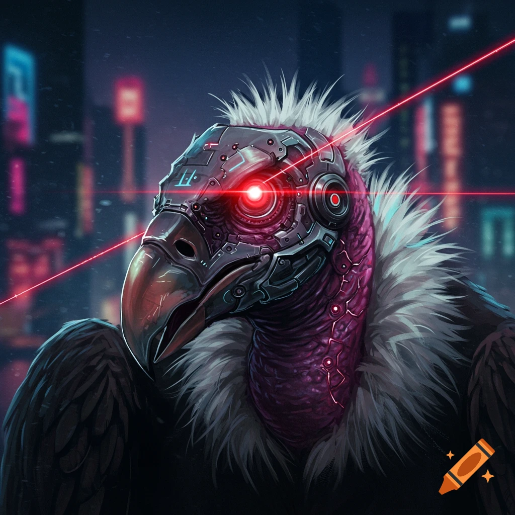 a futuristic cyborg vulture with a red laser eye in a cyberpunk city.