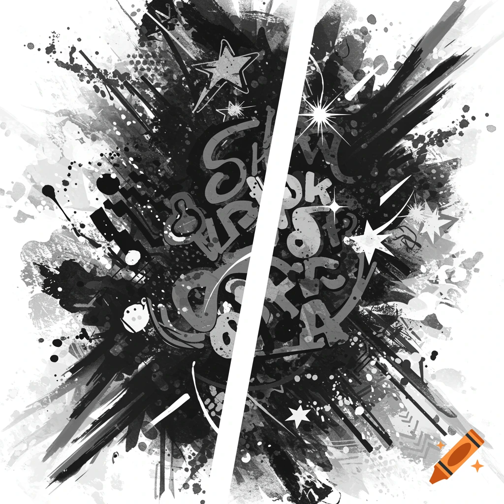 Black and white abstract design with splatters, lines, stars, stylized text, and a diagonal white line.