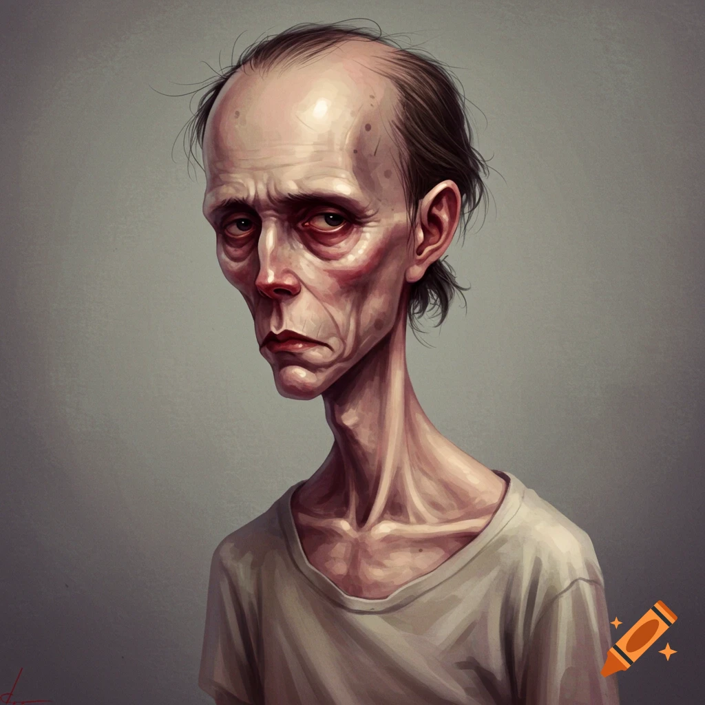 Painting of a gaunt figure with dark circles, based on the Soyjak meme.