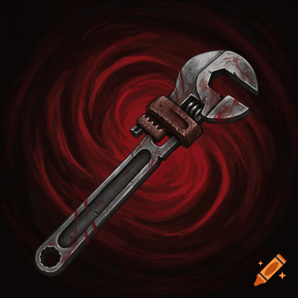 A bloody monkey wrench on a swirling red and black background.