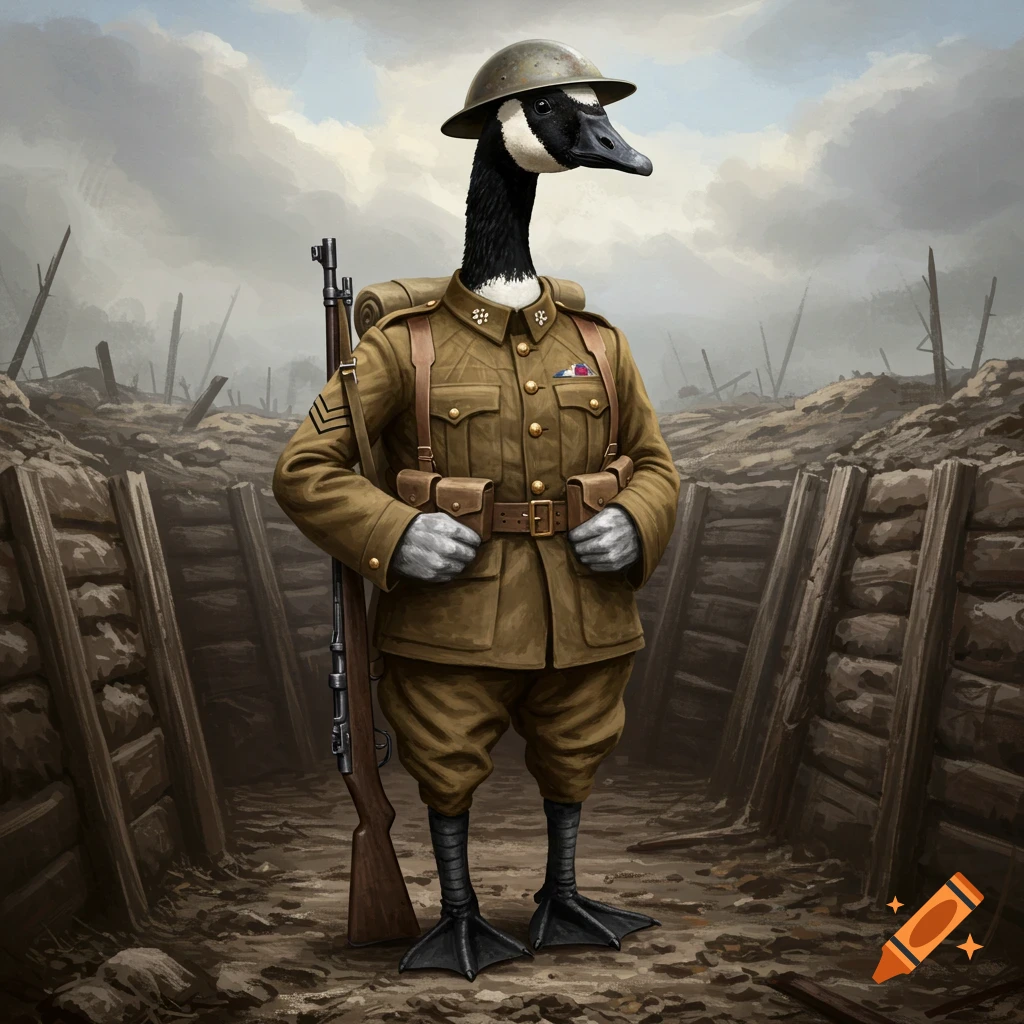 A Canadian goose dressed as a WW1 soldier stands in a trench.