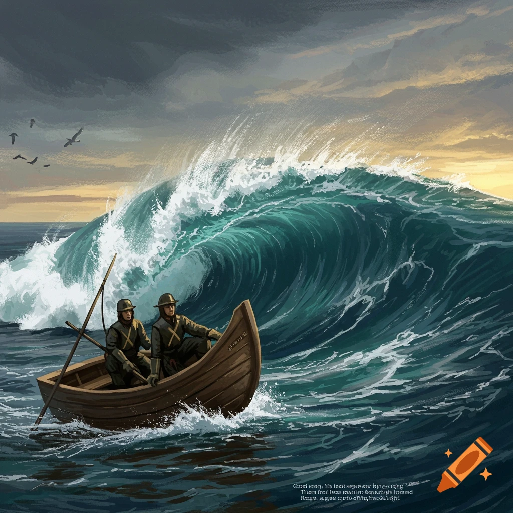 A boat with two men faces a large wave under a cloudy sky.