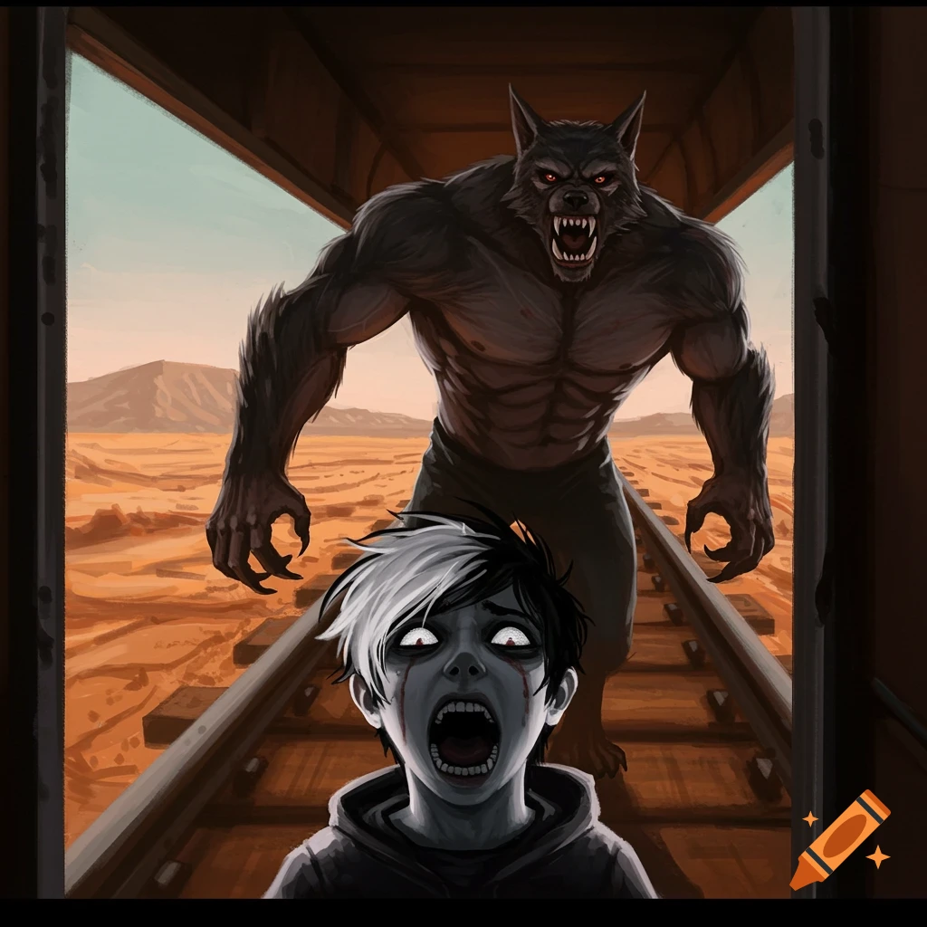 a screaming child on train tracks being chased by a werewolf in a desert train car.