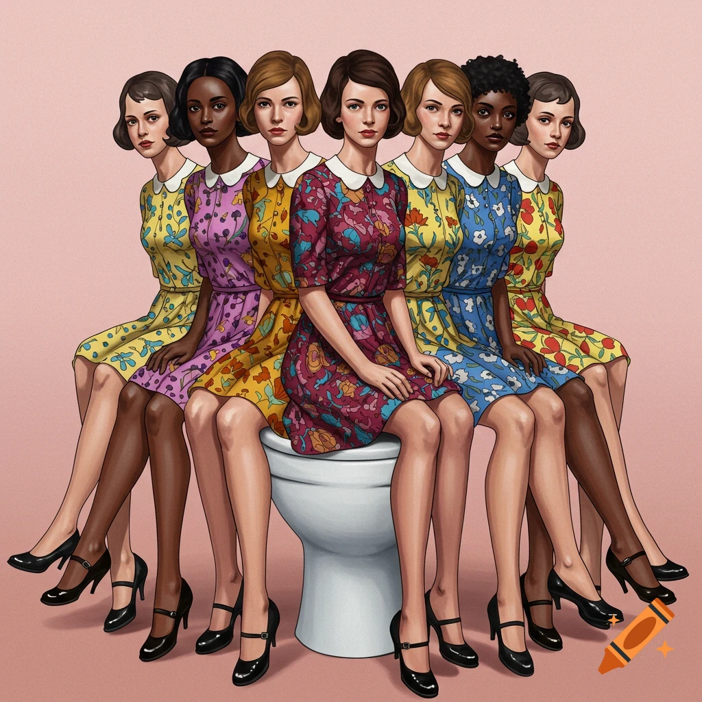 Multiple women in floral dresses sitting side-by-side on a toilet.