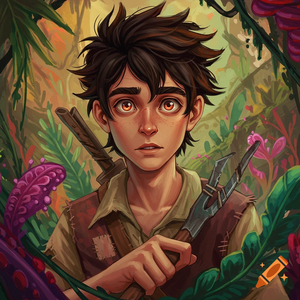 A boy with spiky brown hair and orange eyes holds a weapon in a vibrant fantasy jungle.