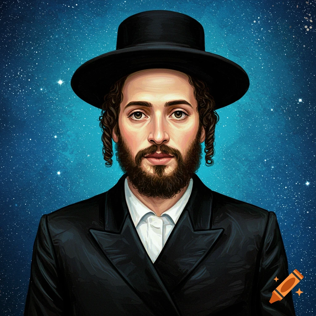 A man with sidelocks and beard wears a black hat and suit against a starry blue background.
