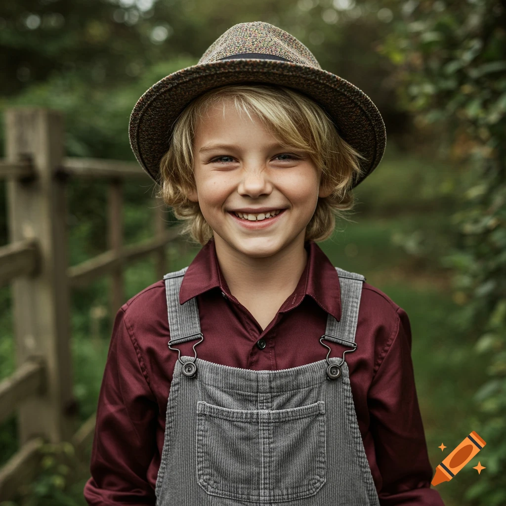 A preteen boy wearing overalls and a hat smiles outdoors in a portrait.