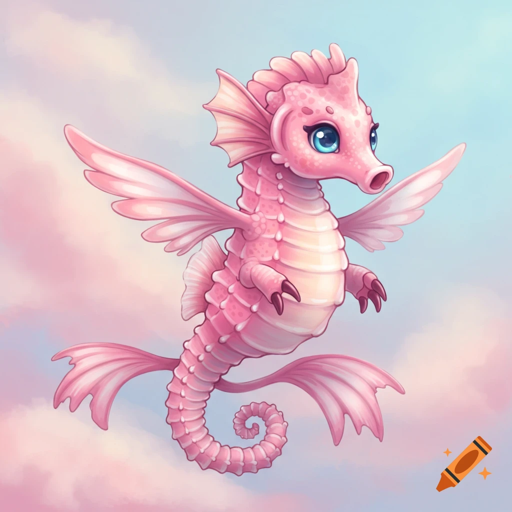 A cute pink flying seahorse with wings and claws is shown against a soft pink and blue cloudy background.