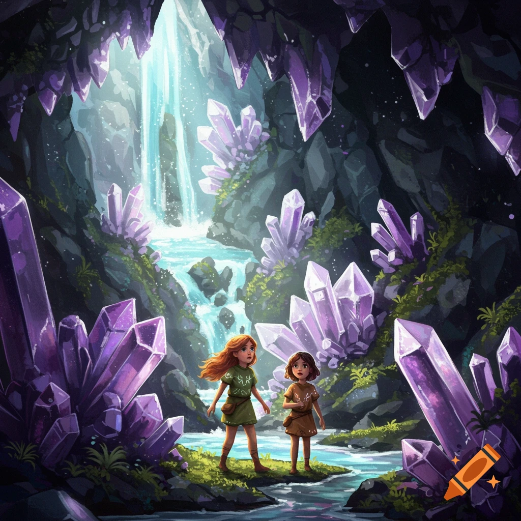 Two girls exploring a crystal cave with a waterfall.