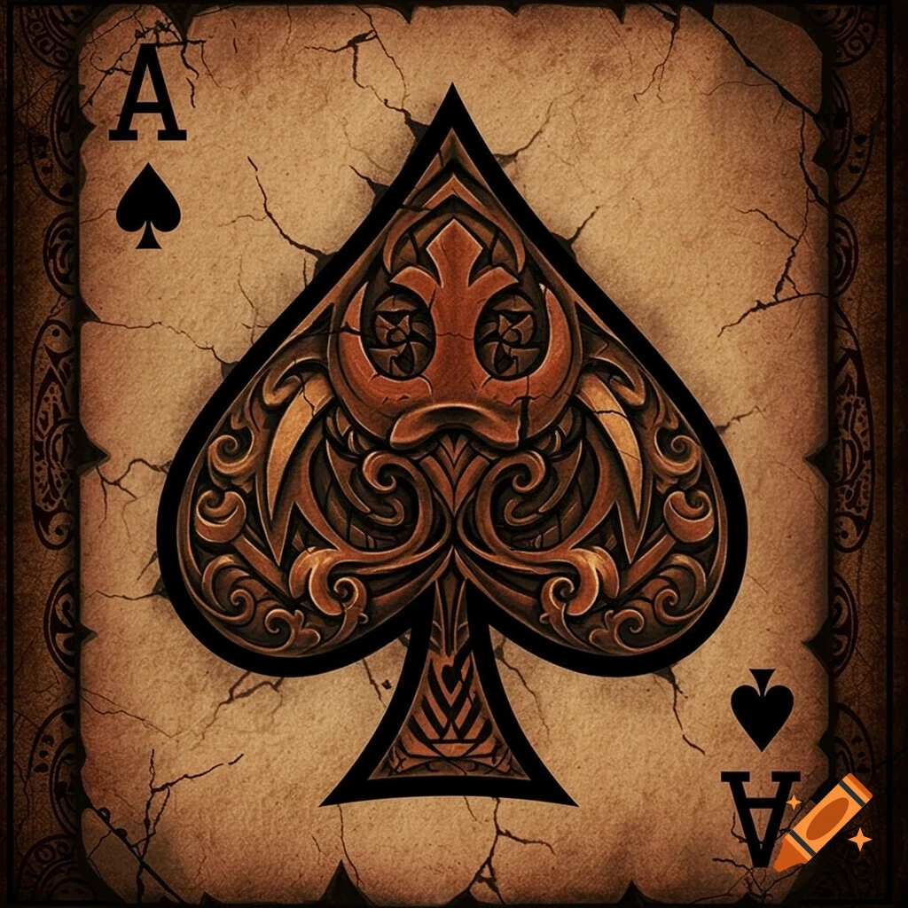 An aged and cracked Ace of Spades playing card with intricate, ornate artwork within the central spade.