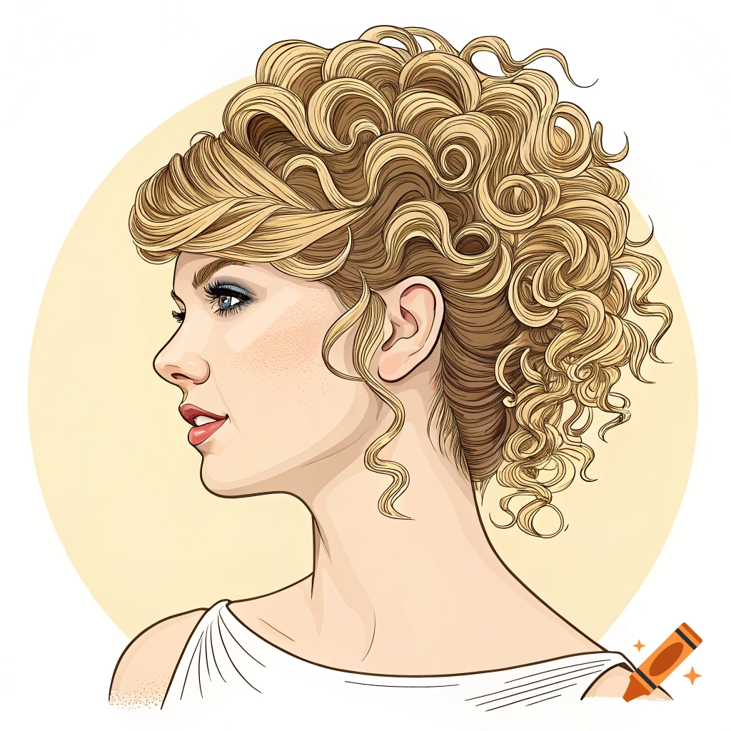 Vector illustration of a woman in profile with elaborate curly blonde hair against a yellow circle.