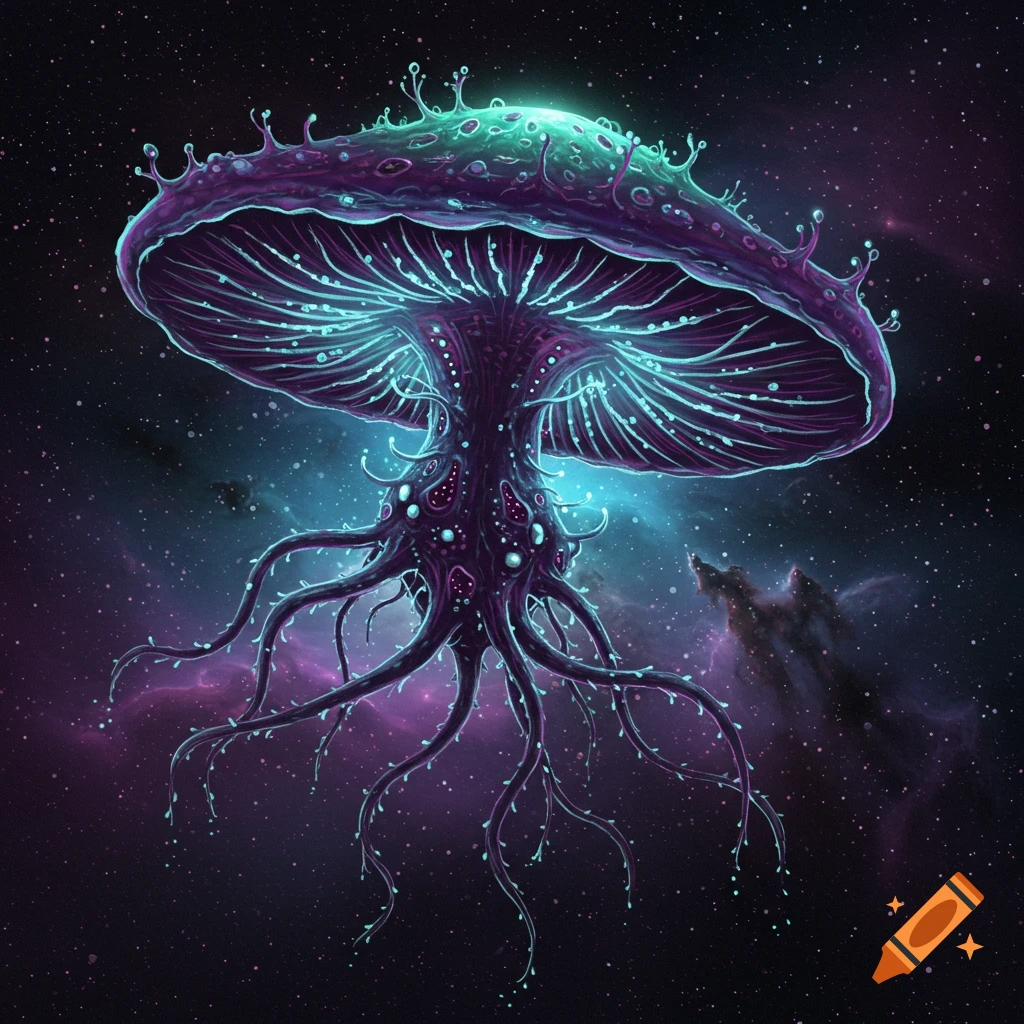 A purple and blue alien mushroom floating in space.