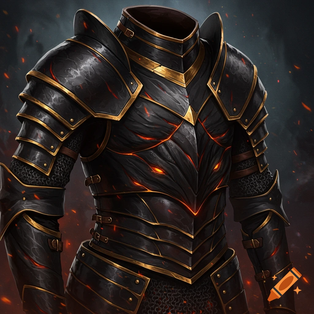 A suit of dark fantasy armor with glowing red accents.
