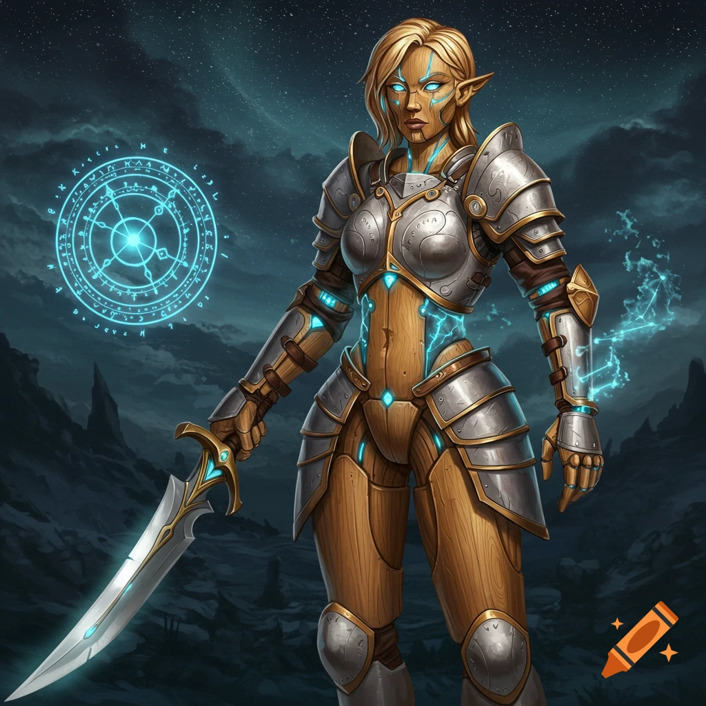 A female warforged elf in detailed armor holding a glowing sword, with magical symbols.