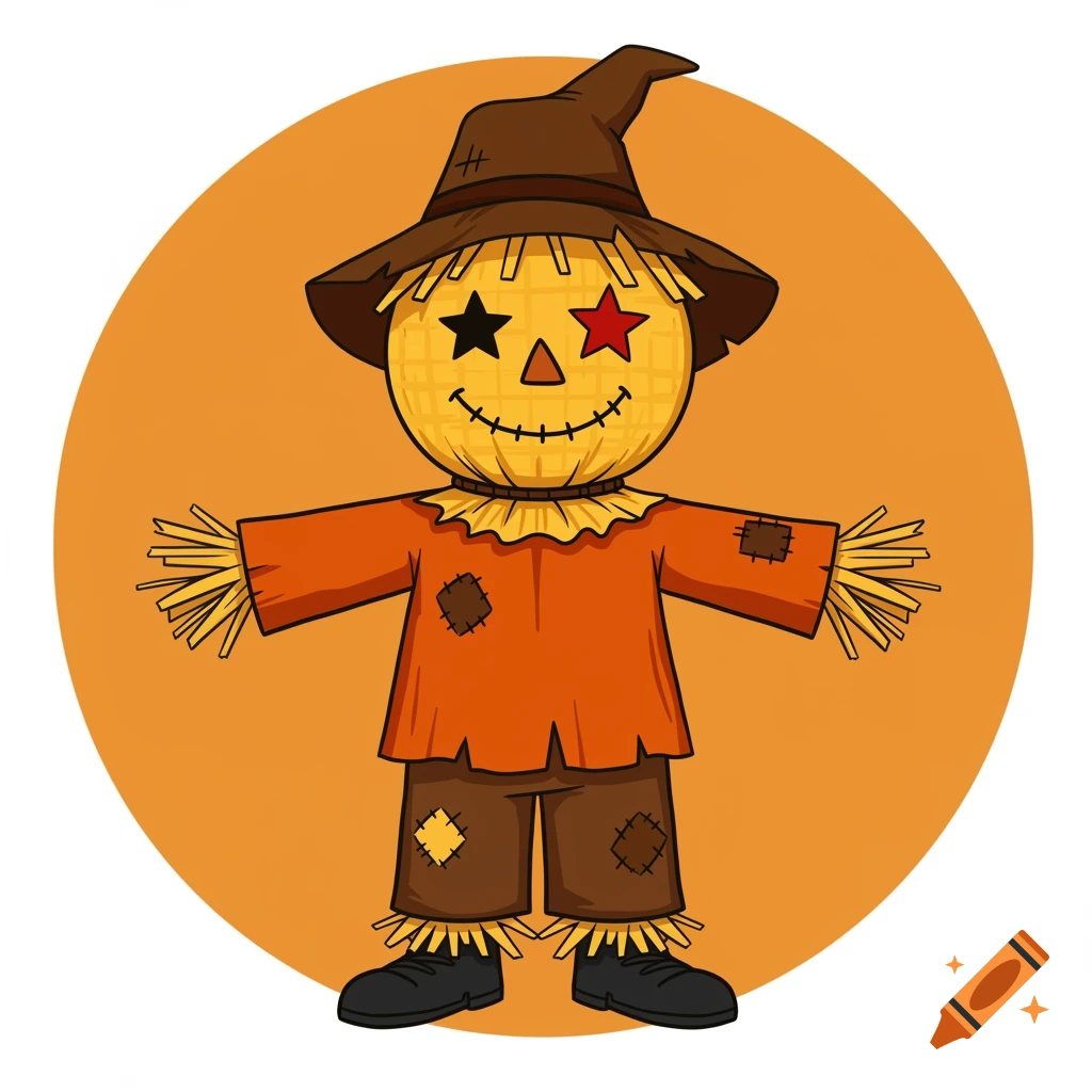 A cartoon scarecrow with a burlap head, star eye, and patched clothes stands on an orange background.