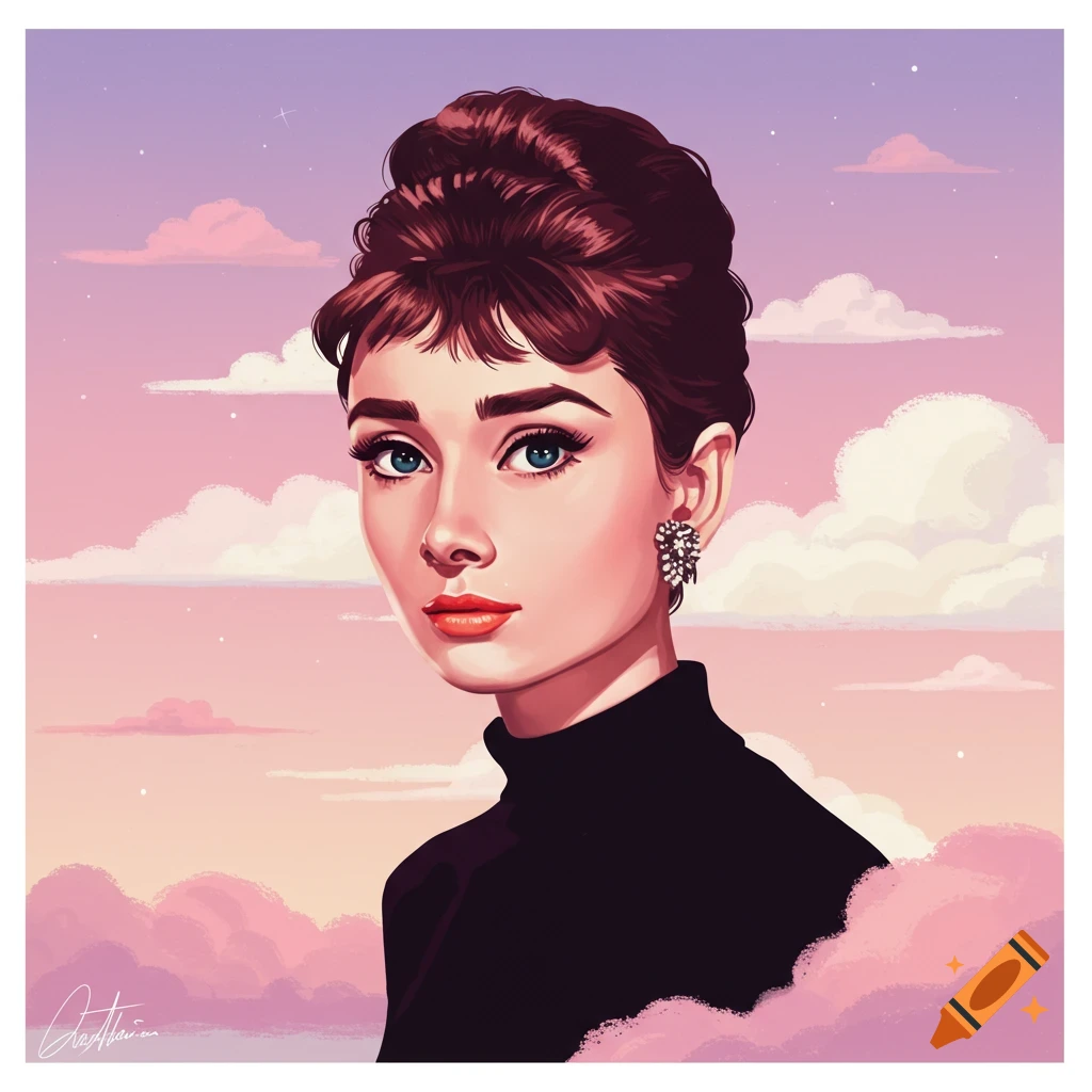 Digital art portrait of Audrey Hepburn against a pink and purple sky with clouds