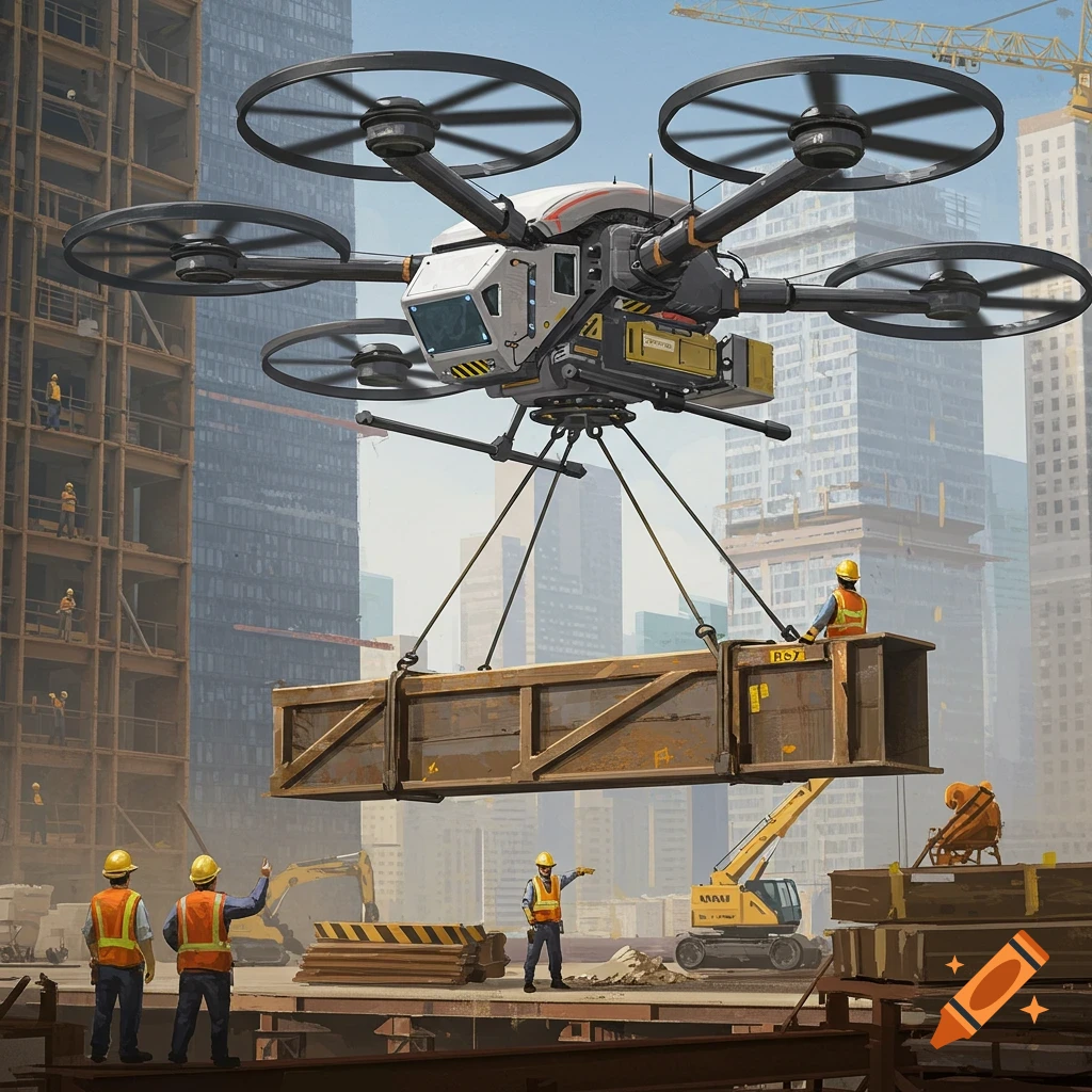 A large drone carries a crate like a crane over a construction site in a city.