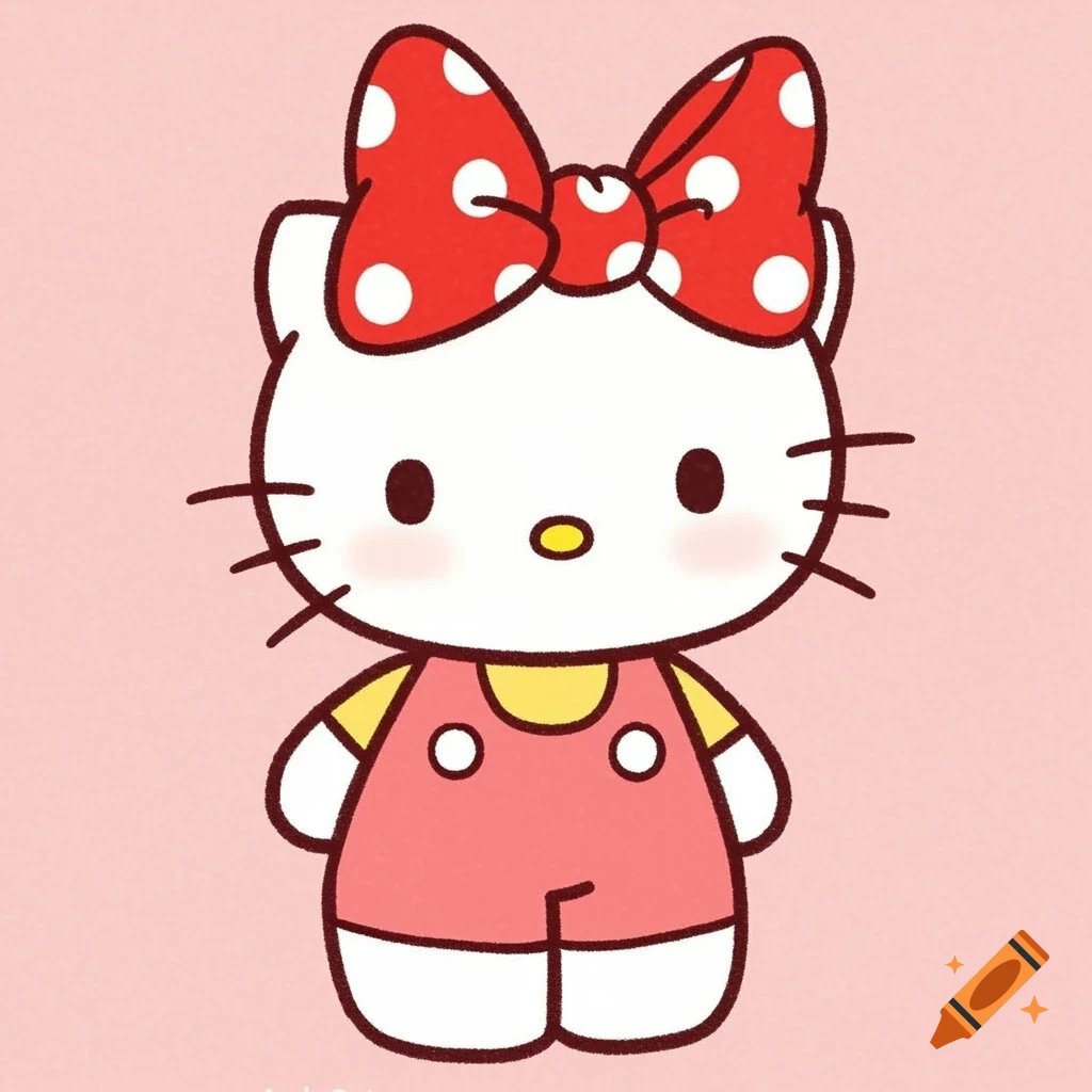Illustration of Hello Kitty wearing a Minnie Mouse red polka-dot bow and overalls on a pink background.