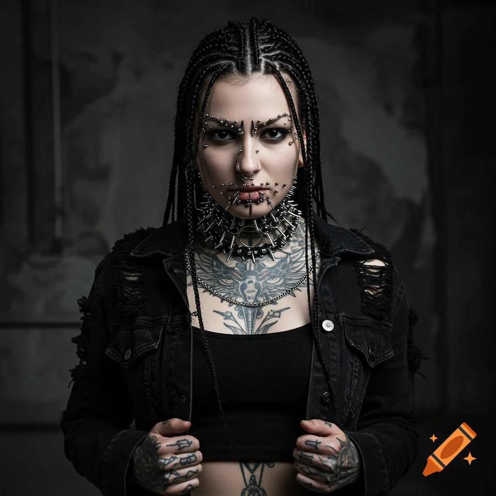 Photo of a woman with facial and neck piercings, tattoos, and a ripped denim jacket.