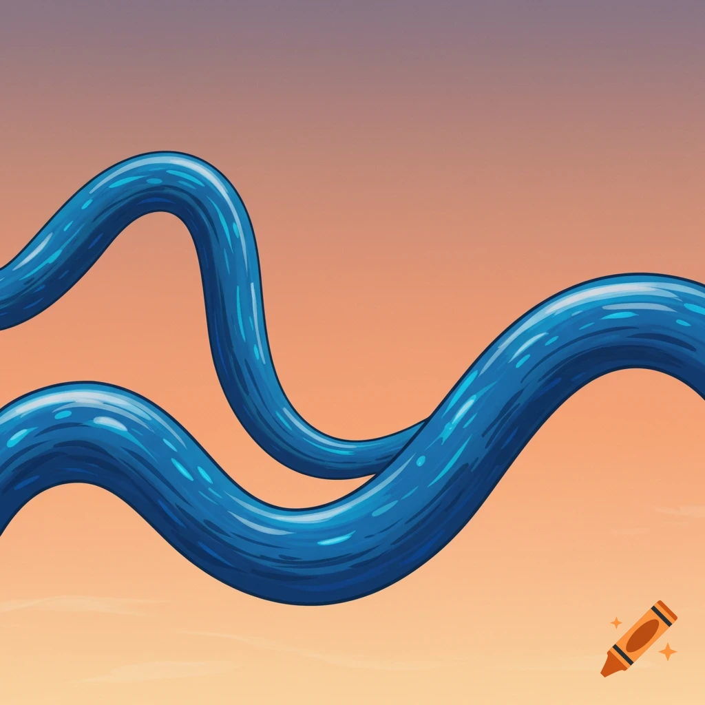 Thick wavy blue lines on an orange and purple gradient background.