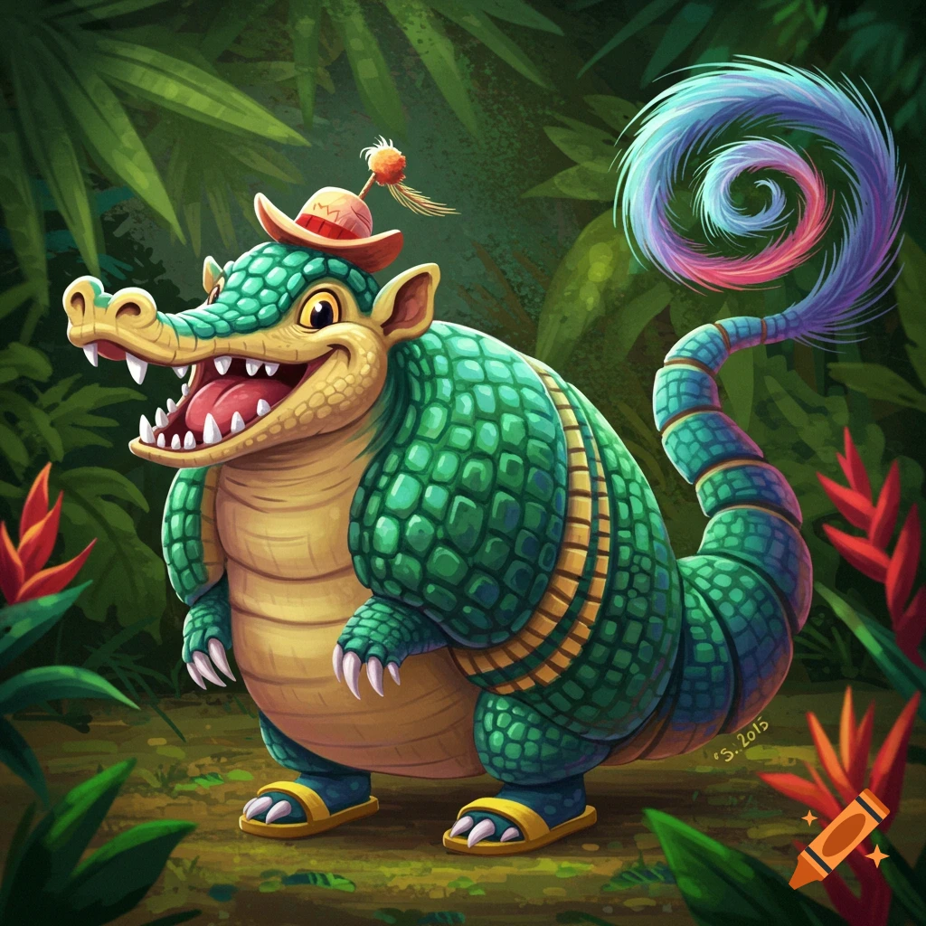 Cartoon fantasy creature with hat and sandals in jungle