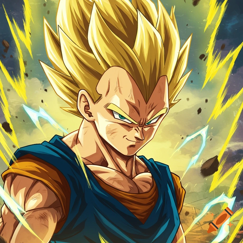 Vegeta in Super Saiyan 2 form with energy effects.