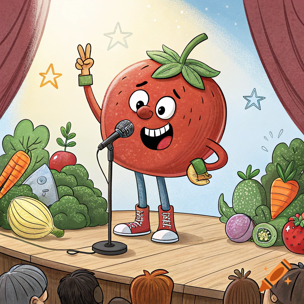 Cartoon tomato character performing stand-up comedy on a stage to an audience of vegetables. Comic style illustration.