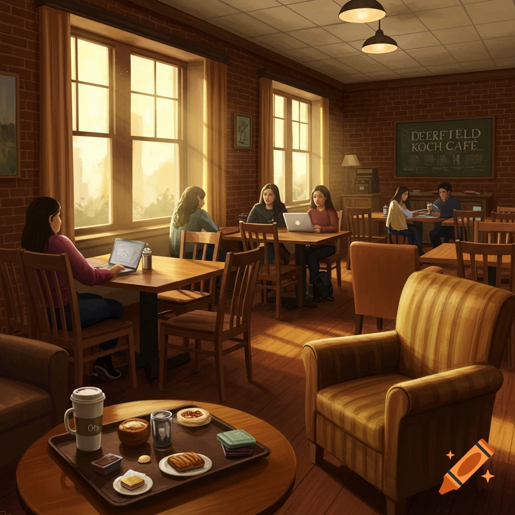 People working and relaxing in a sunlit cafe with brick walls and large windows.