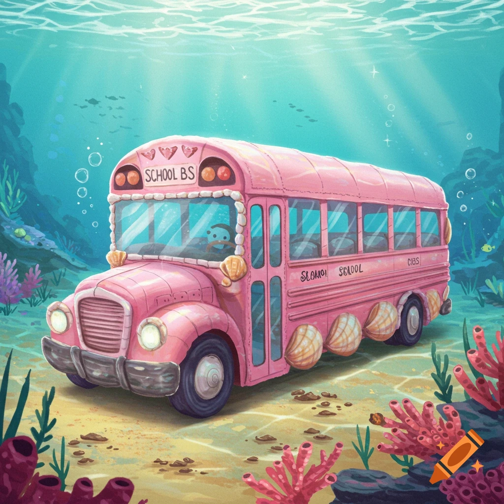 A pink school bus with shell wheels sits on the ocean floor among coral.