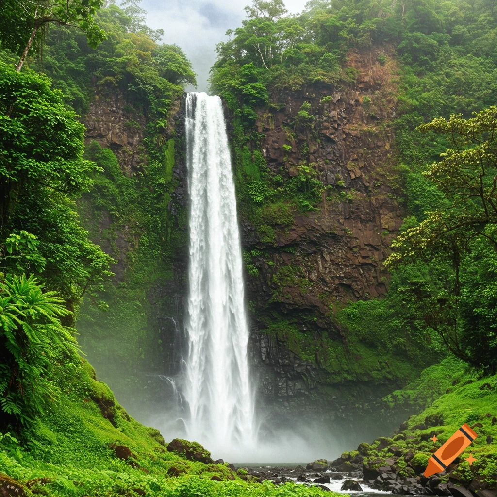 A tall waterfall cascades down a rock face in a lush green jungle valley.