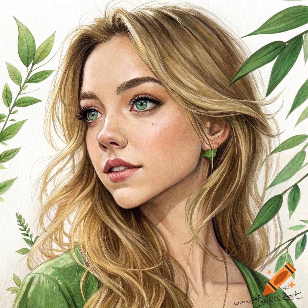 Watercolor portrait of a young woman with green eyes and blonde hair surrounded by leaves