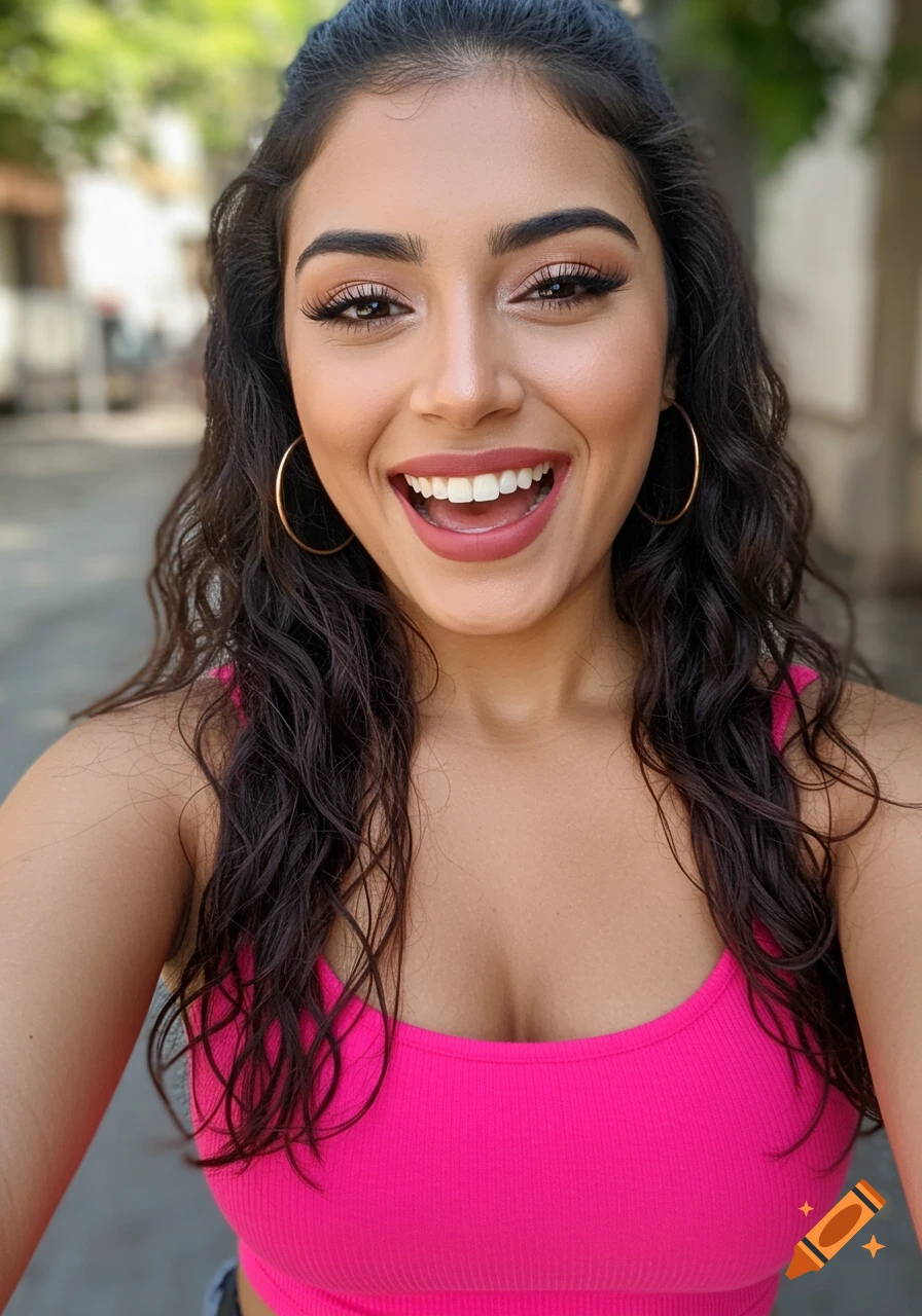 A beautiful woman in a pink crop top smiles taking a selfie outdoors.