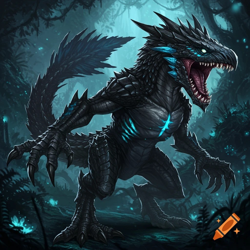 Black, spiky dragon-like creature roaring in a dark forest, digital illustration.