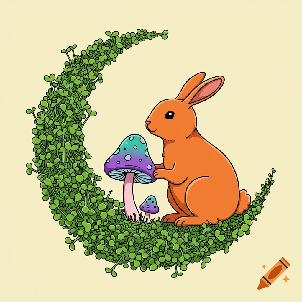 Cartoon illustration of an orange rabbit sitting on a crescent moon made of green plants next to a spotted mushroom.